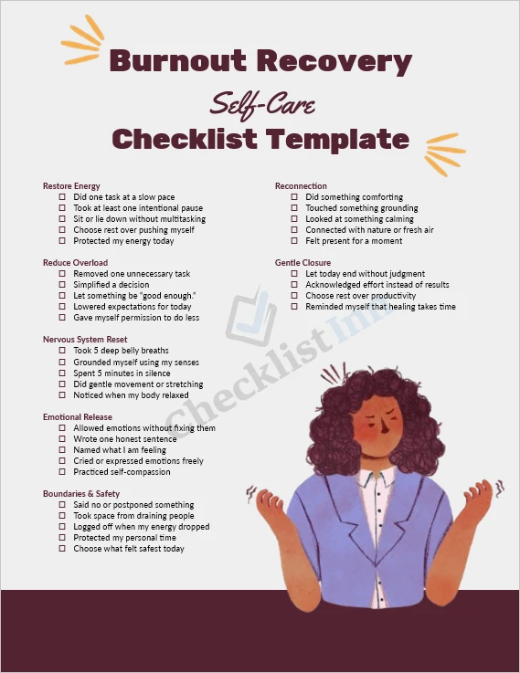 Burnout recovery self care checklist cover page template