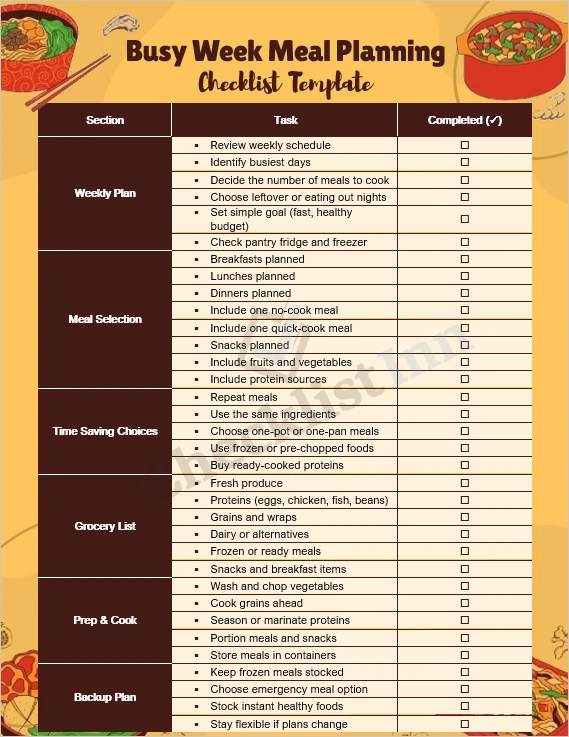 Busy week meal planning checklist cover page