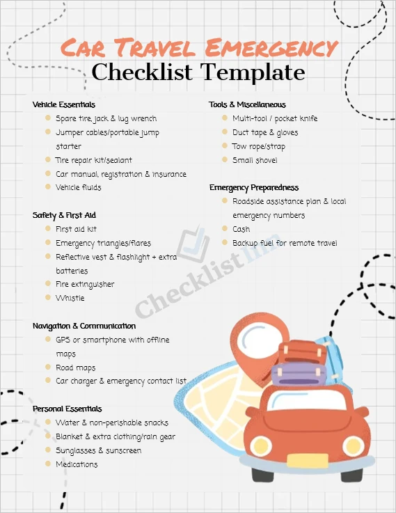 Car travel emergency checklist cover page showing a car on a road with emergency items