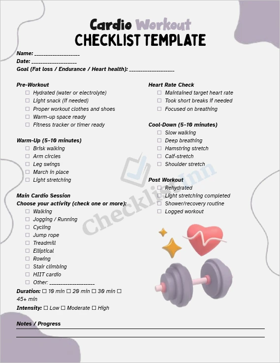 cardio workout checklist template cover page