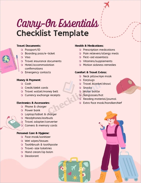 Carry on essentials checklist cover page for travel packing