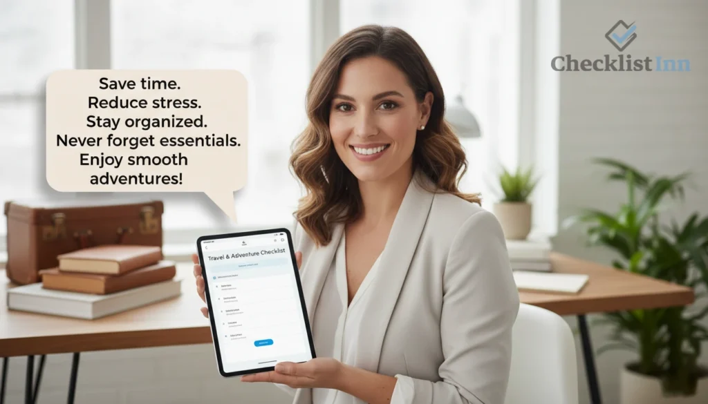 A friendly travel expert explaining the benefits of using checklists, highlighting organization, time-saving, and stress-free planning for trips and adventures.