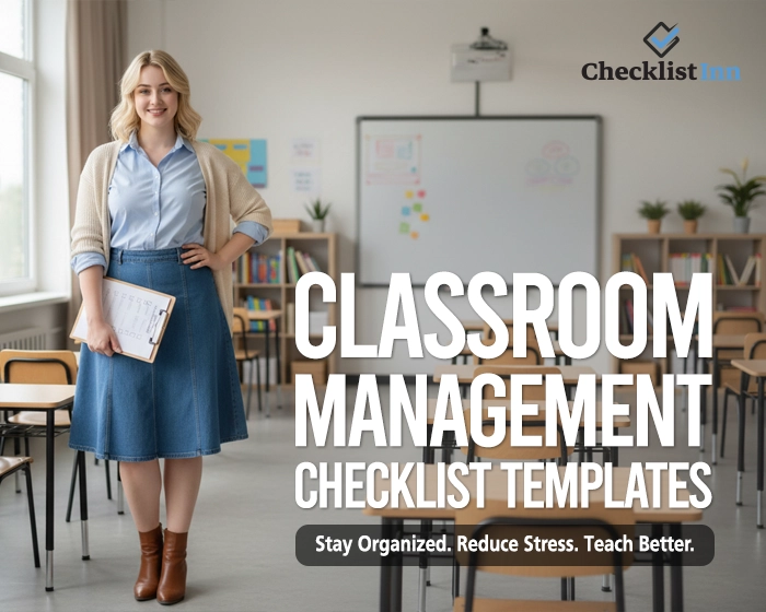Classroom management checklist templates displayed by a teacher in an organized classroom