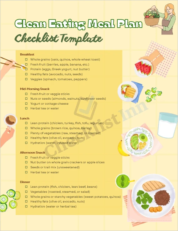 Clean eating meal plan checklist cover page with healthy meal planning layout