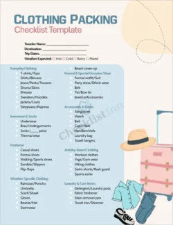 clothing packing checklist printable travel template cover page