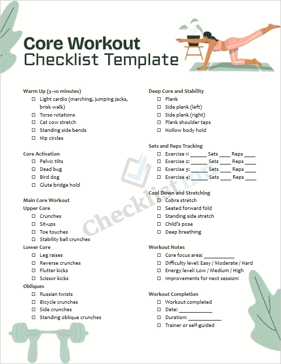 Core workout checklist printable template cover page