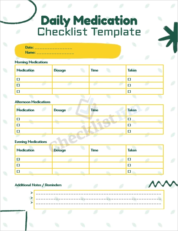 Daily medication checklist cover page for tracking prescribed medicines