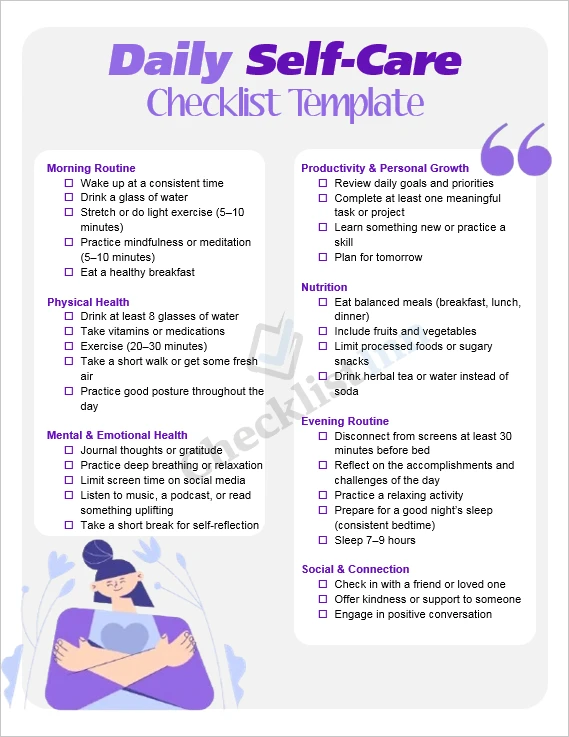 Cover page of the daily self care checklist template showing a clean and organized layout with wellness sections