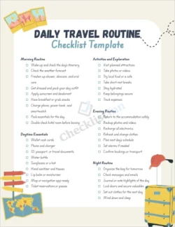 Daily travel routine checklist cover page for organized travel planning