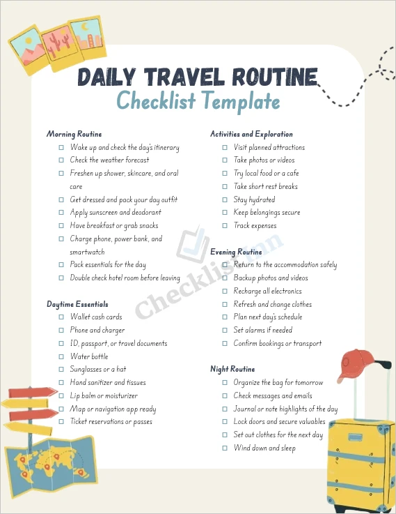 Daily travel routine checklist cover page for organized travel planning
