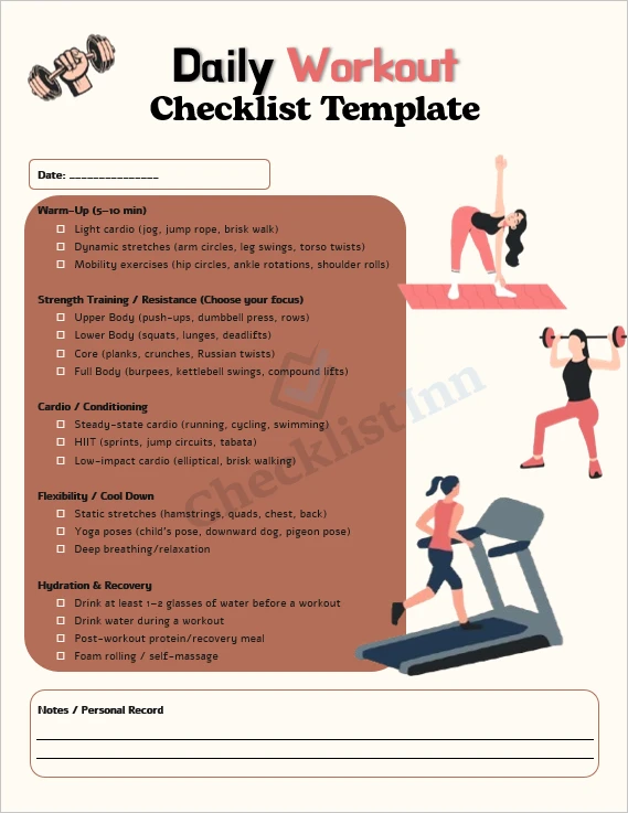 Daily workout checklist printable cover page
