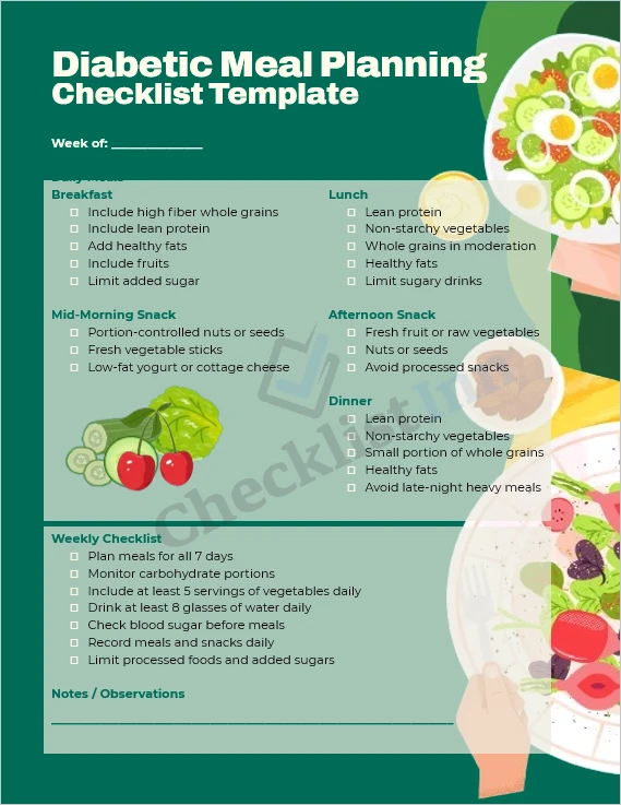 Diabetic meal planning checklist cover page with healthy food illustration