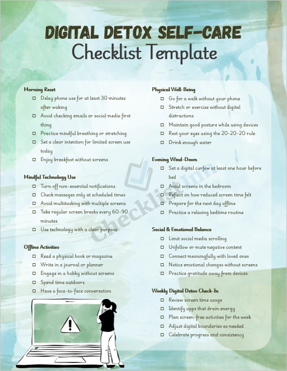 Digital detox self care checklist cover page for mindful technology use