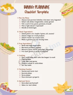 Dinner planning checklist cover page with meal icons and checkboxes