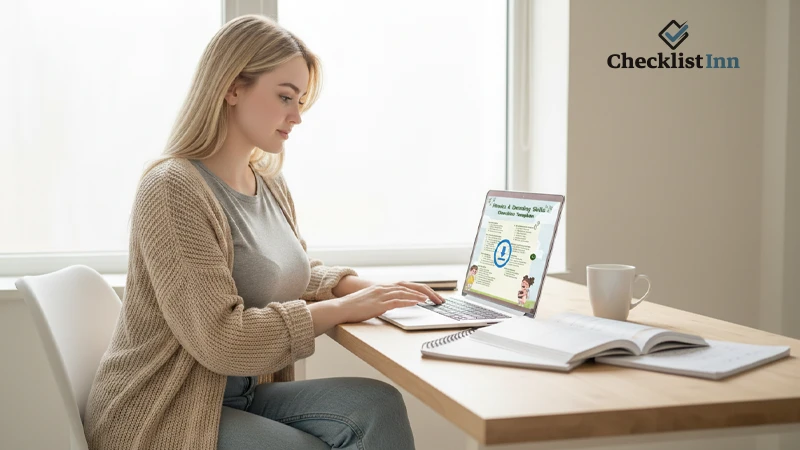Student downloading a reading progress checklist template on a laptop