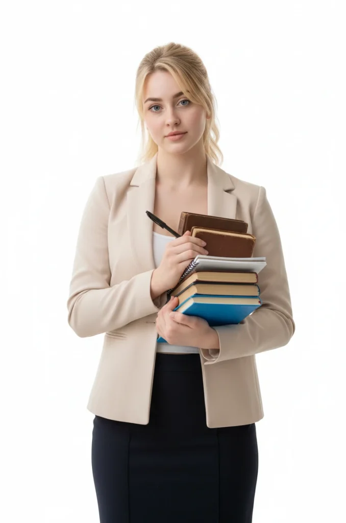 Woman studying and organizing educational tasks with a checklist