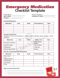 Emergency medication checklist cover page with bold title and icons