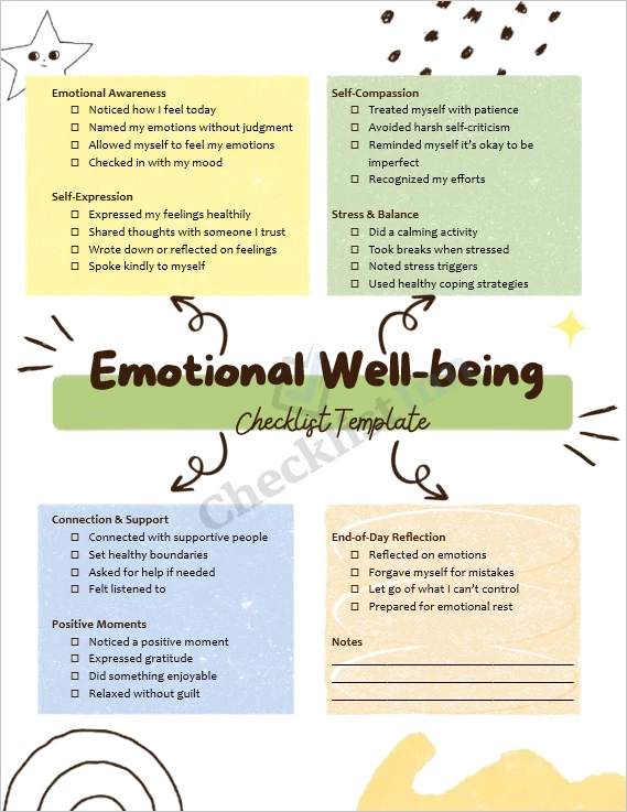 Emotional well being checklist printable template cover page