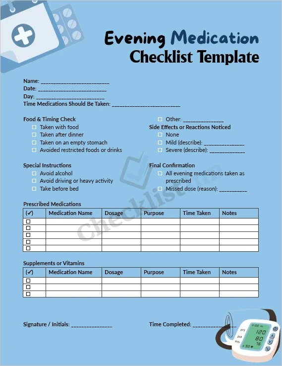 Evening medication checklist cover page with organized layout for daily medicine tracking