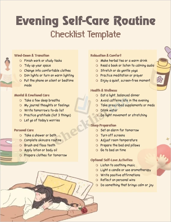Evening self care routine checklist printable cover page