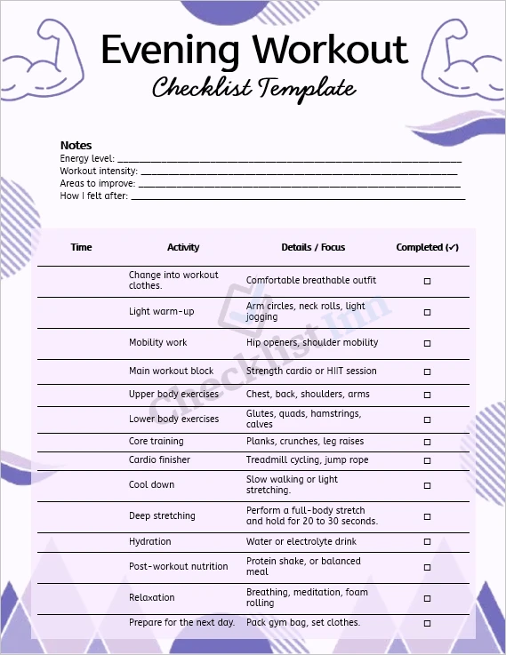 Evening workout checklist template cover page