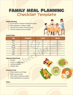 Family meal planning checklist printable template cover page