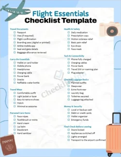 Flight essentials checklist cover page for travel preparation