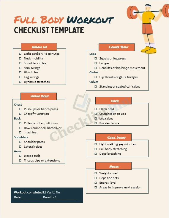 Full body workout checklist cover page template