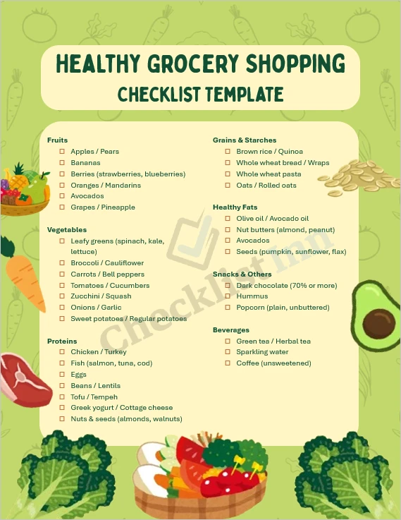 Healthy Grocery Shopping Checklist Cover Page with fruits vegetables and organized layout