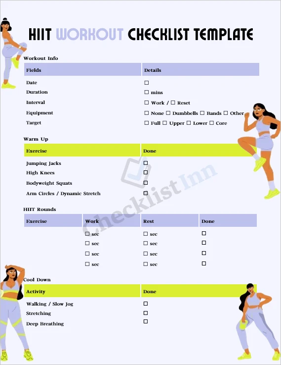 HIIT workout checklist cover page showing table layout and exercises