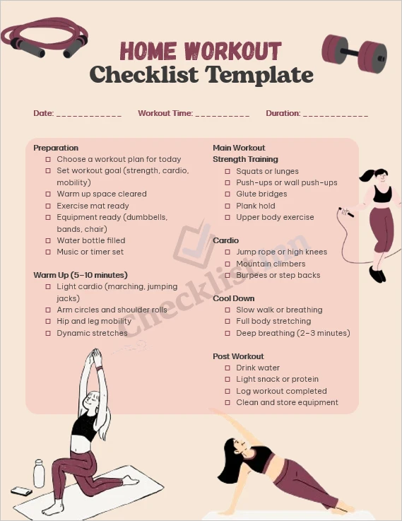 Home workout checklist printable template cover
