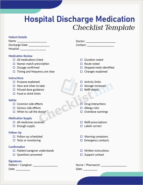 Hospital discharge medication checklist cover page
