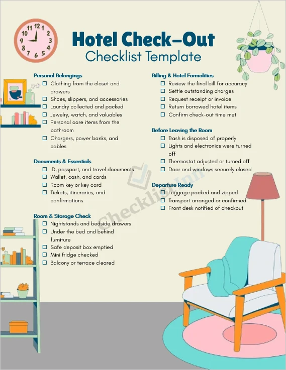 Hotel check out checklist template cover page for travelers