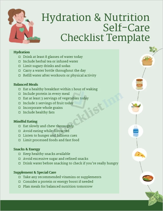 Hydration and nutrition self care checklist cover page with colorful icons and wellness theme