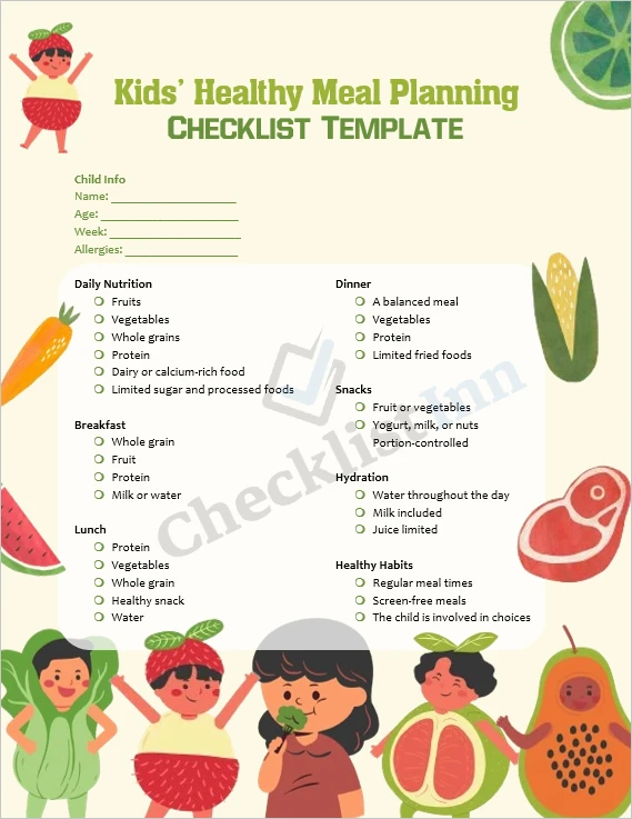 kids healthy meal planning checklist cover page colorful design