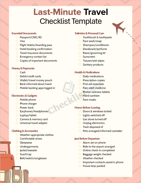 Last minute travel checklist cover page with organized sections for travel preparation