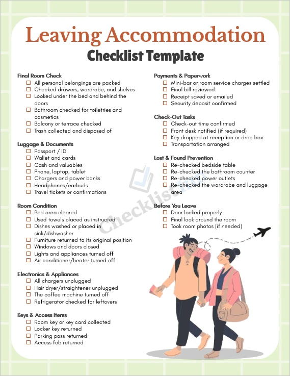 Cover page of leaving accommodation checklist for easy move out and room inspection
