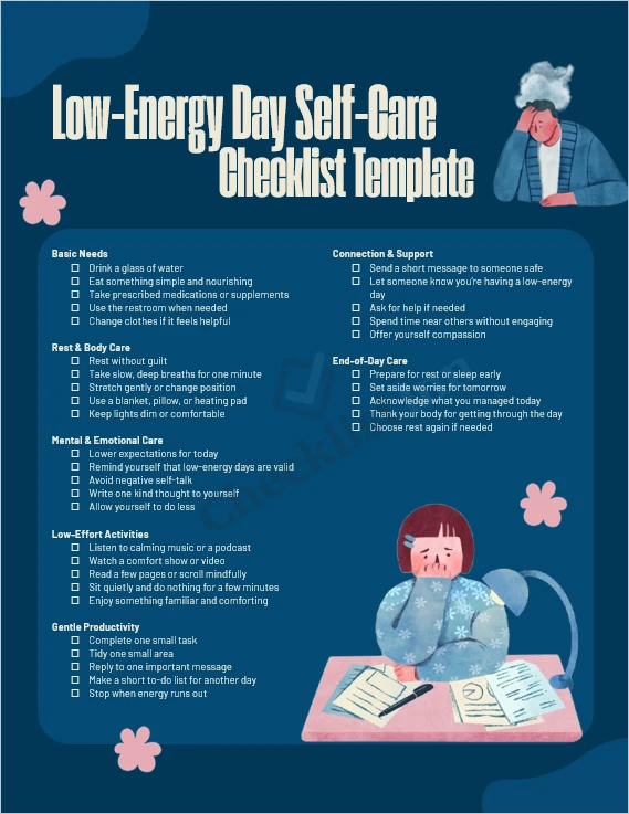 Low energy day self care checklist cover page template in Microsoft Word format