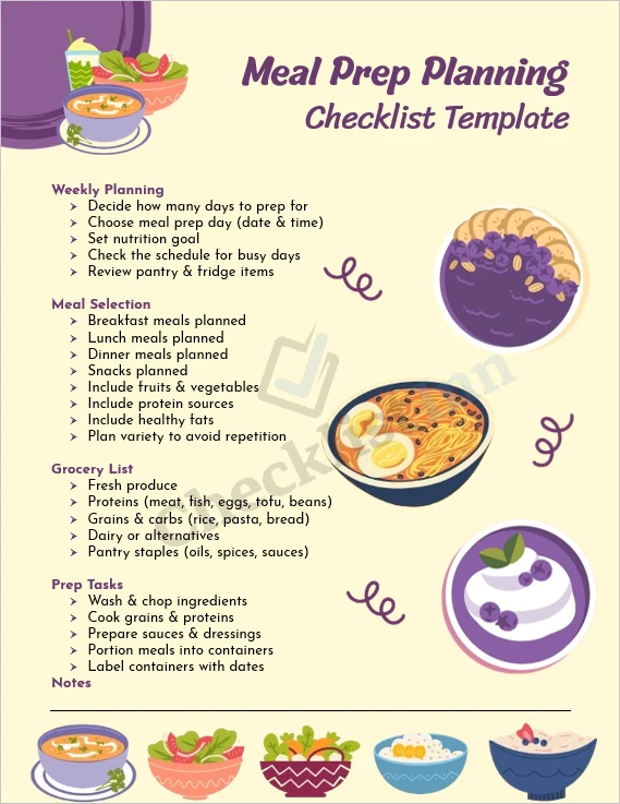Meal prep planning checklist cover page with a clean organized weekly meal prep layout