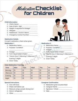 Medication checklist for children printable template cover page