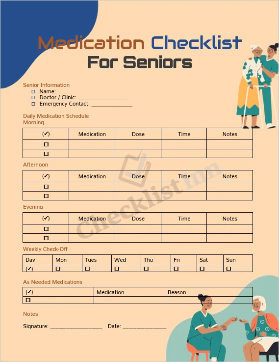 Medication checklist for seniors printable cover page