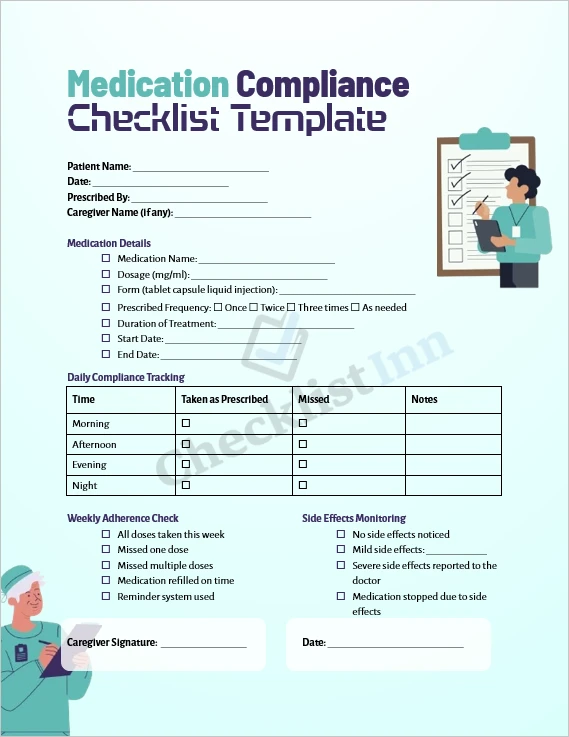 Medication compliance checklist printable template cover page