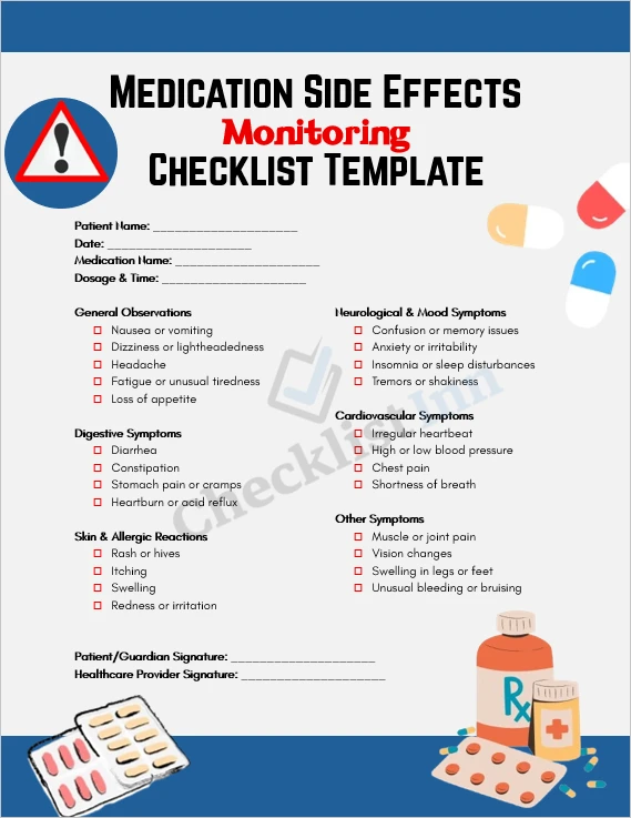 Medication side effects monitoring checklist cover page
