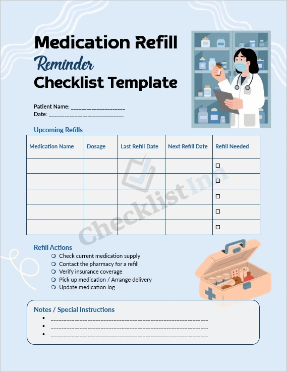 Medication Refill Reminder Checklist cover page with checklist and calendar illustration