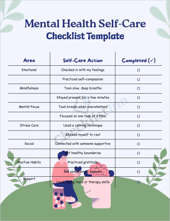 Mental health self care checklist printable cover page