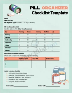 minimalist pill organizer checklist cover page showing weekly tracking and clean design