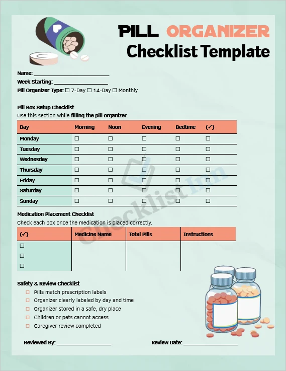 minimalist pill organizer checklist cover page showing weekly tracking and clean design