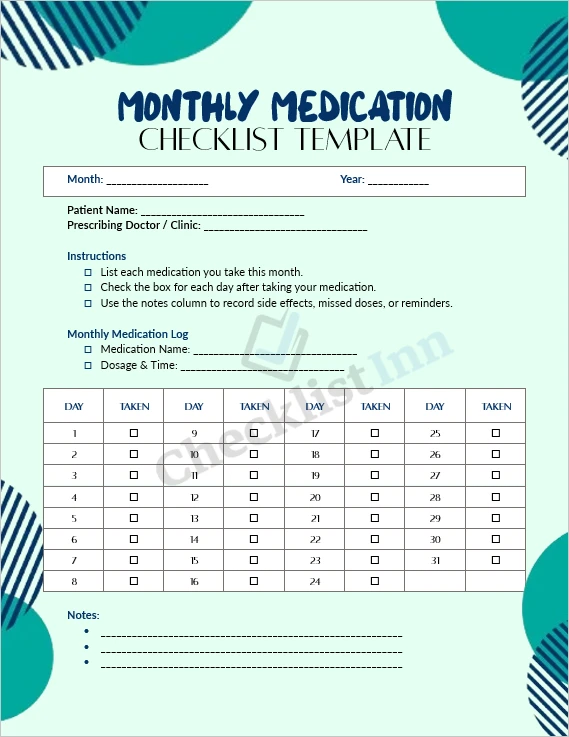 Monthly medication checklist cover page template