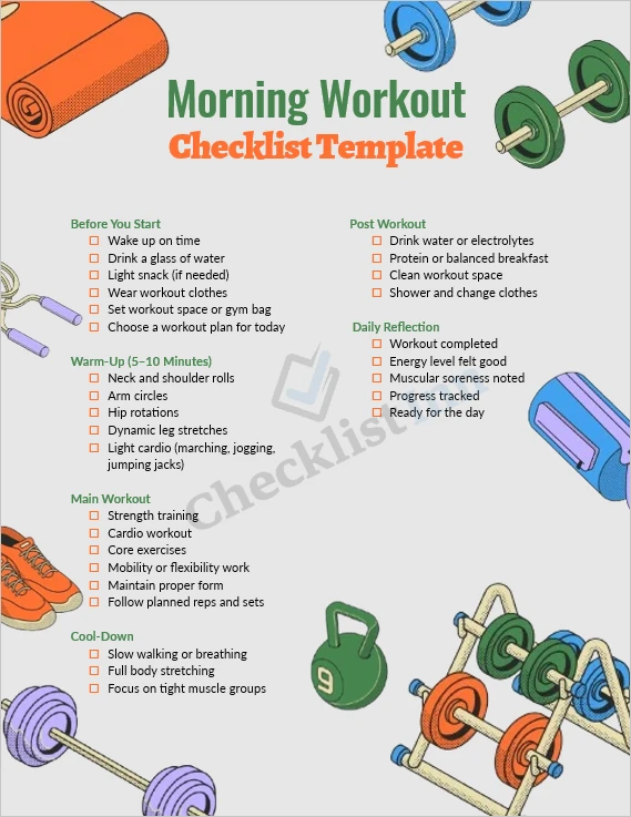 Morning workout checklist cover page template