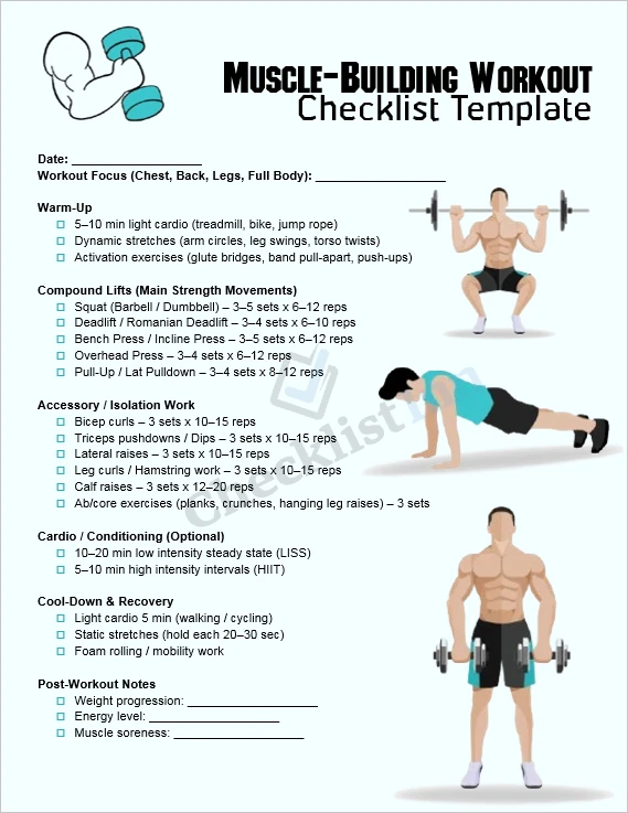 Muscle building workout checklist cover page